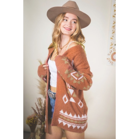 SOLD OUT Brick Aztec Tribal Geometric Cardigan Sweater - Picture 2 of 4